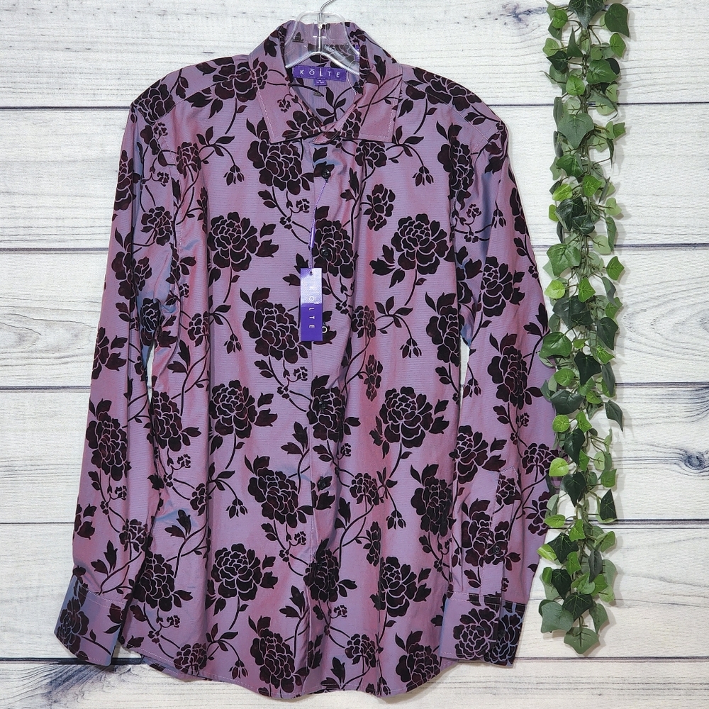 Kolte Men's Shimmery Button Down Shirt with Velvet Floral Design, Medium